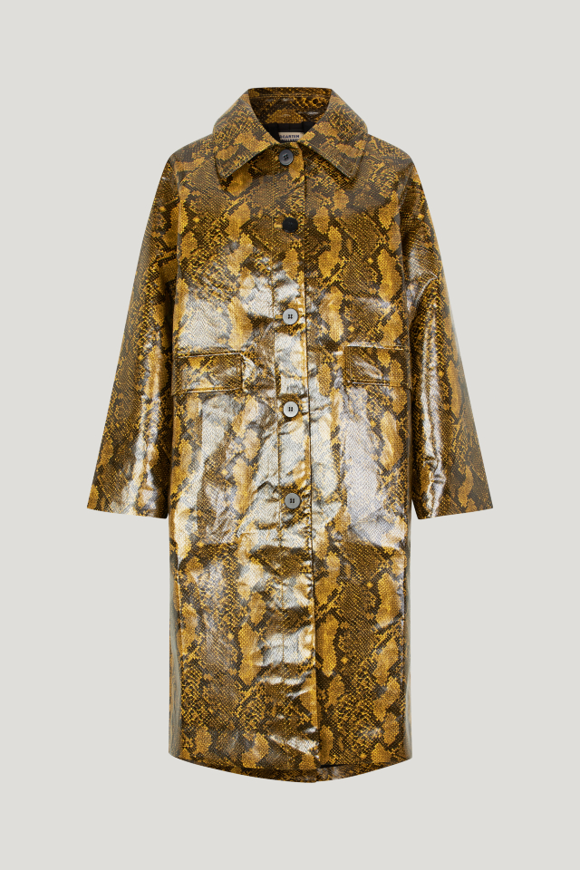 Devon Coat Yellow Snake This coat features button closures in the front, patch pockets, and a patent finish - front image