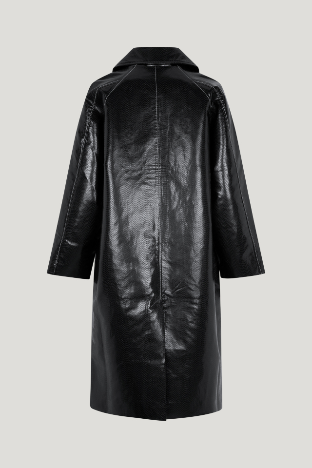 Devon Coat Black Snake This coat features button closures in the front, patch pockets, and a patent finish - back image