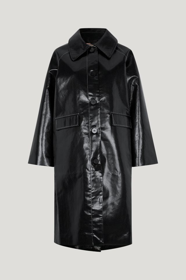Devon Coat Black Snake This coat features button closures in the front, patch pockets, and a patent finish - front image