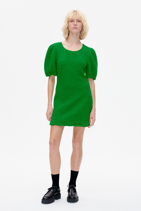 Jazmyn Dress Fern Green An ultra-stretchy, A-line minidress with a bubble texture and puffed, elasticated short sleeves - model image