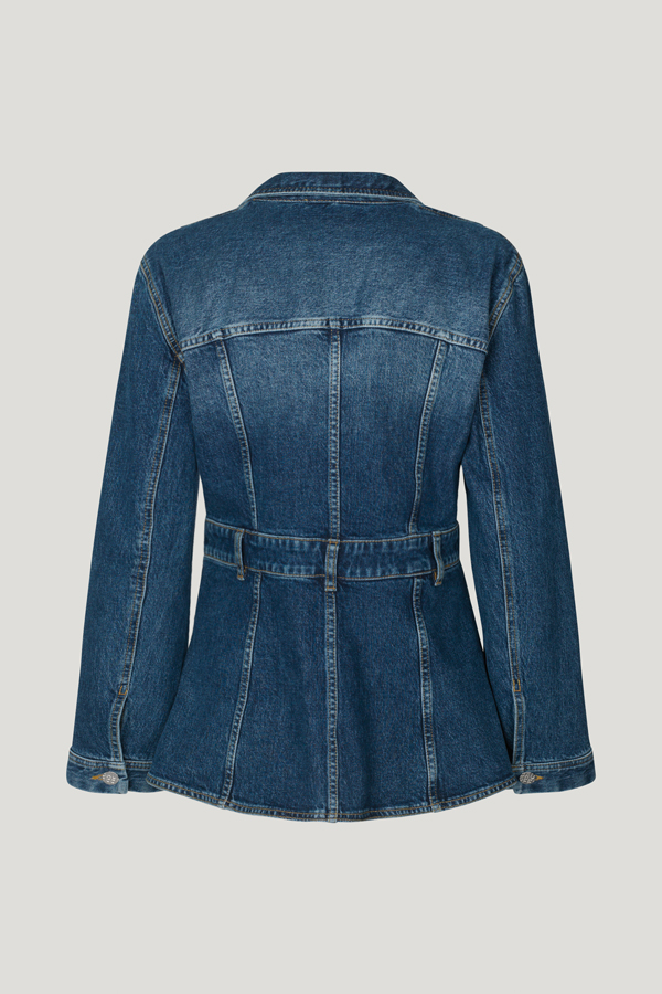Beatrix Jacket Washed Darkblue Denim A denim blazer-style jacket with a nipped-in waist, single button closure, and pockets in the front and chest - back image