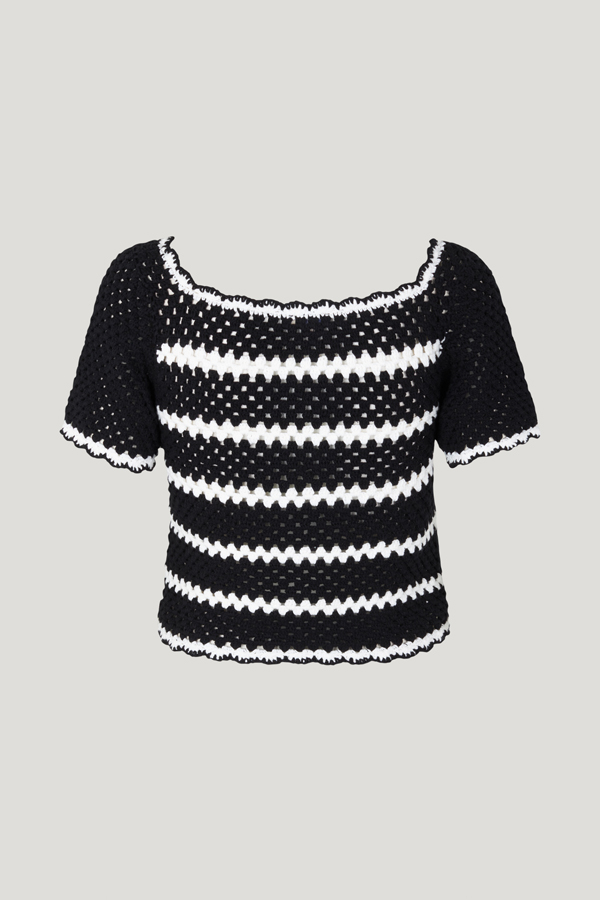 Camila Top Black Creme Crochet A thick, crochet short sleeve top with a sweetheart neckline and and scalloping at the neck, hem, and sleeves - back image
