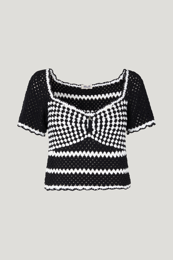 Camila Top Black Creme Crochet A thick, crochet short sleeve top with a sweetheart neckline and and scalloping at the neck, hem, and sleeves - front image