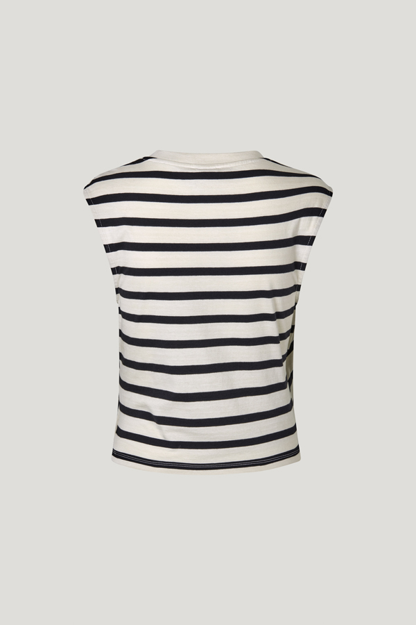 Jaliyah Top Breton Stripe Black A cropped muscle-style shirt with a crew neck and a knot through the side for a flattering drape - back image