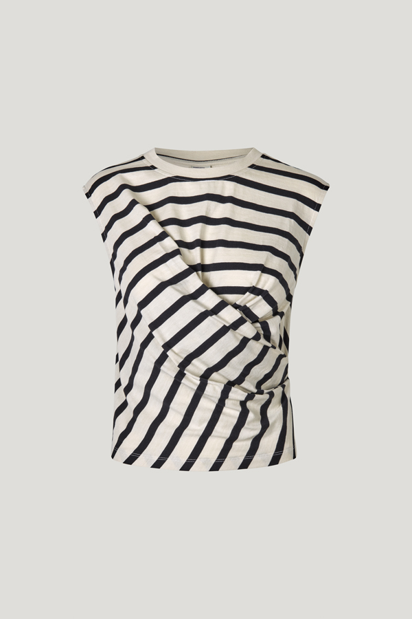 Jaliyah Top Breton Stripe Black A cropped muscle-style shirt with a crew neck and a knot through the side for a flattering drape - front image