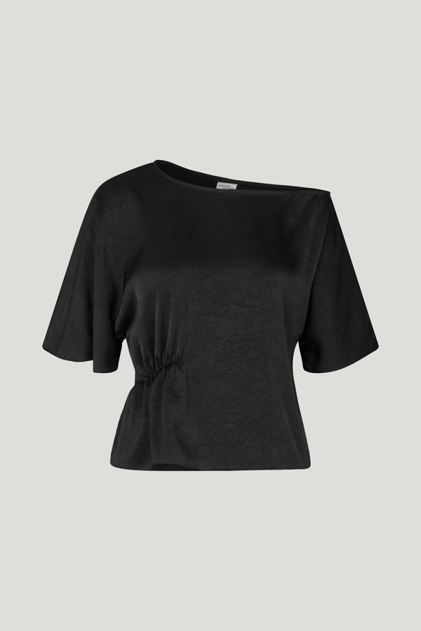 Margeaux Blouse black A fluid top with short sleeves, an asymmetric neckline, and a gathered seam at the side for a flattering drape - front image