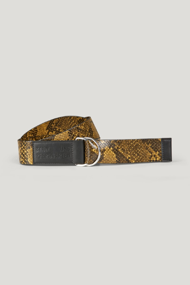 Leka Belt Yellow Snake This D-ring belt features an embossed logo on one end - front image