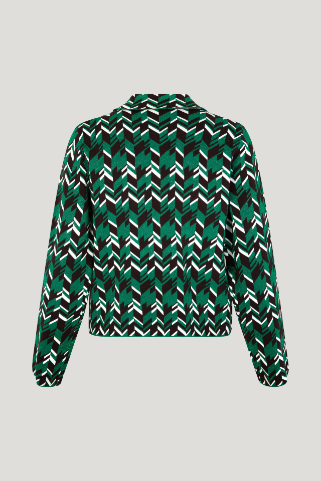 Cassandra Cardigan Green Geometric This stretchy knit cardigan features button closures in the front and patch pockets - back image