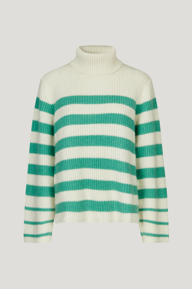 Chikita Sweater Creme Green Breton This soft, knit turtleneck jumper features slits at the sides and a dipped hem - front image