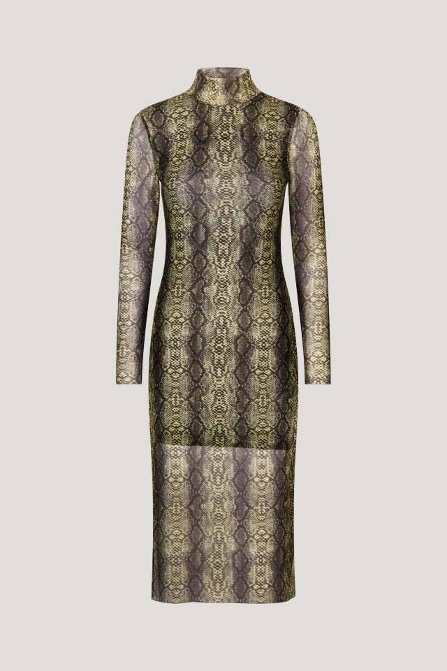 Jolain Dress Light Yellow Snake This stretchy, mid-calf length turtleneck dress features slits at the sides and an interior slip to the knee - front image