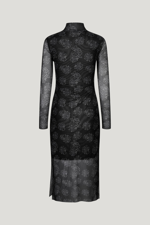 Jolain Dress Black Embroidery Flower This stretchy, mid-calf length turtleneck dress features slits at the sides and an interior slip to the knee - back image