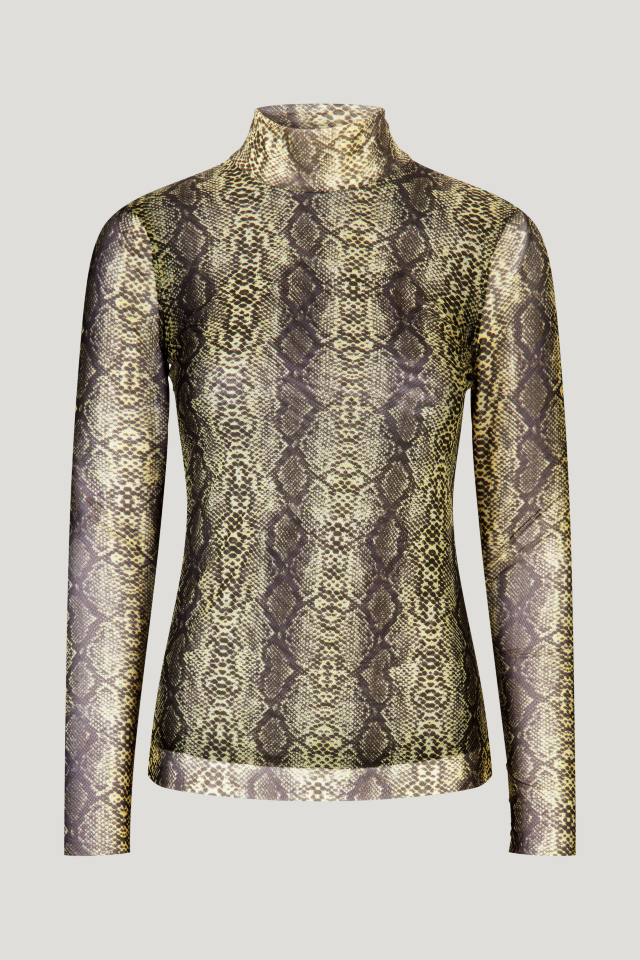 Jodi Top Light Yellow Snake This stretchy turtleneck top features sheer sleeves and an interior lining - front image