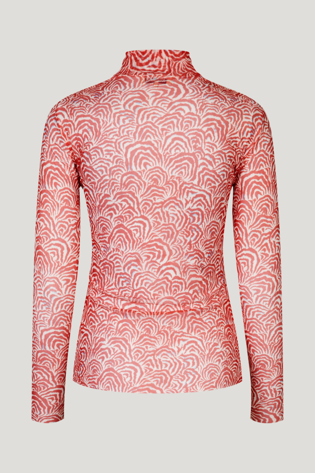 Jodi Top Red Zebra Shell This stretchy turtleneck top features sheer sleeves and an interior lining - back image