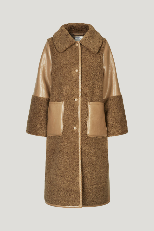 Dea Coat Camel Camel This longline coat features shearling-style detailing throughout, button closures in the front, and patch pockets - front image