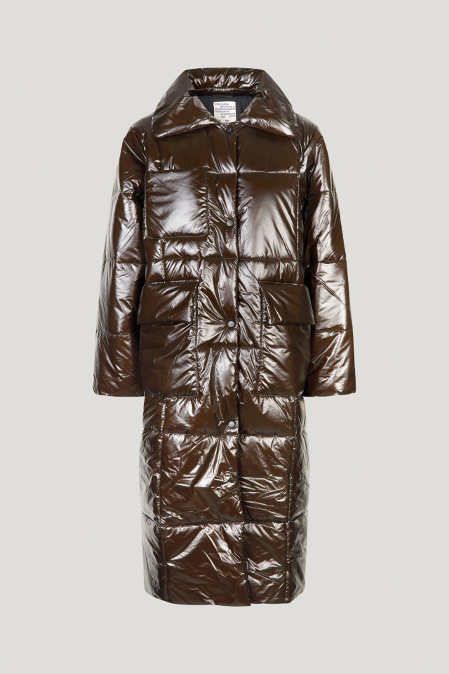 Delaware Coat Brown Demitasse This longline, puffy coat features both zip and button closures - front image