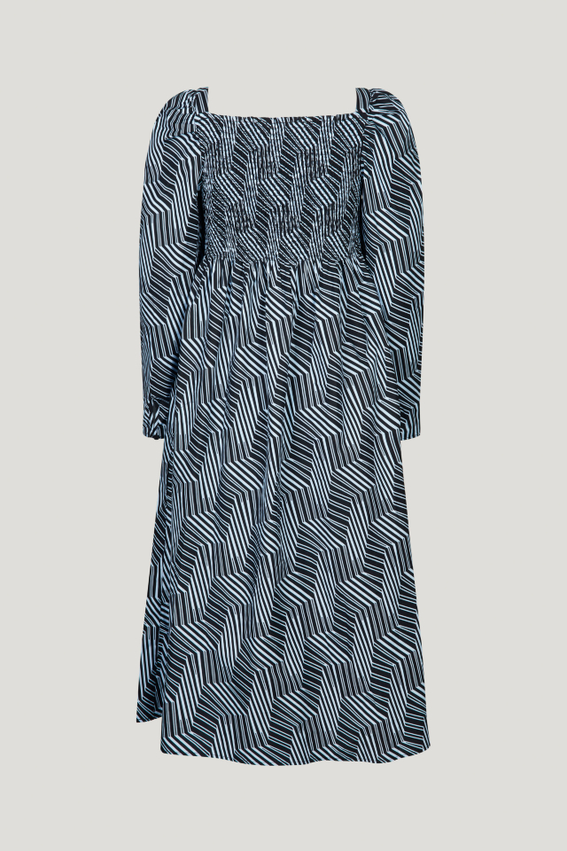 Amayra Dress Blue Zebra This midi-length dress features an empire waist, stretchy smocking across the chest and back, and a square neckline - back image