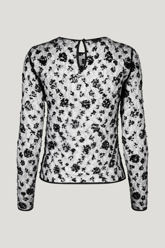Margot Blouse black This sheer, long sleeve top features a button closure with keyhole opening in the back and sequin detailing throughout - back image