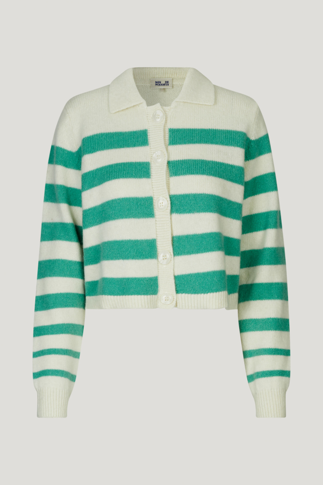 Chevelle Cardigan Creme Green Breton This cropped, knit cardigan features large button closures and a collar - front image