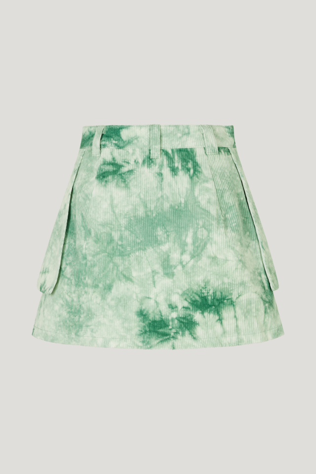 Sakura Skirt Green Ice Velvet This corduroy miniskirt features a zip fly with hook closure, and flaps with pockets at the side for a layered look - back image