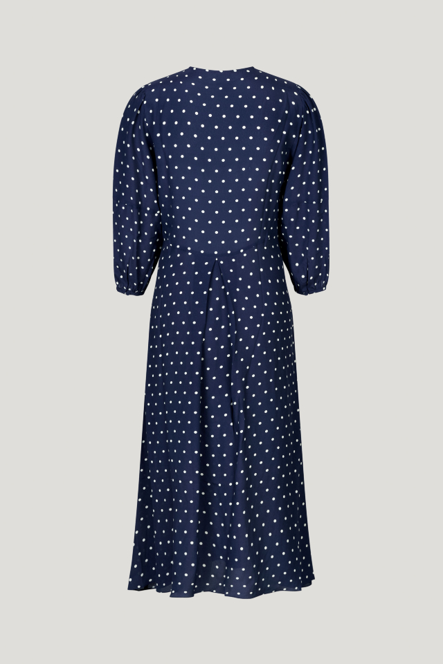 Adya Dress Blue Margot Dot This midi-length dress features cropped sleeves, a button closure with keyhole opening at the neck, and a pleat in the middle for a flattering drape - back image