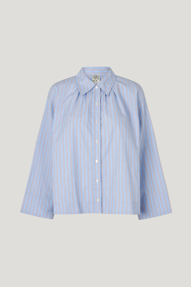Marcella Shirt Blue Margot Stripe Ths crisp button up shirt features a collar and wide sleeves - front image