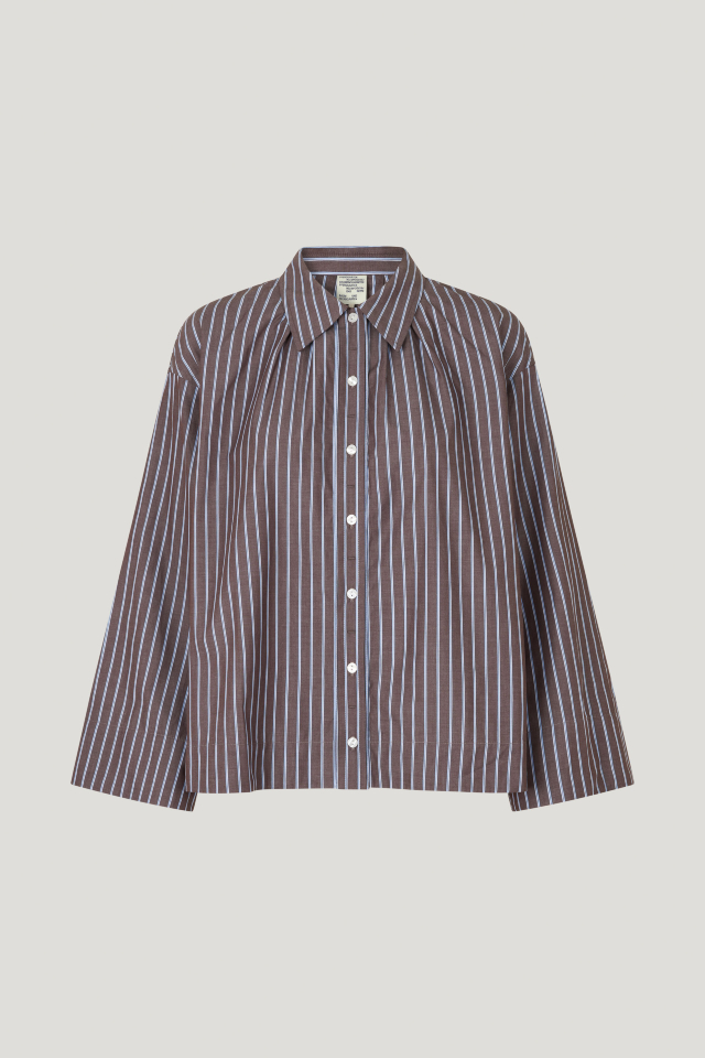 Marcella Shirt Brown Margot Stripe Ths crisp button up shirt features a collar and wide sleeves - front image