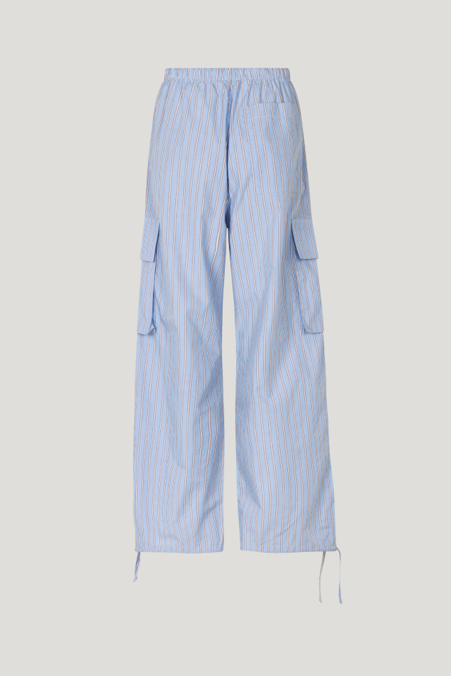 Nasreen Trousers Blue Margot Stripe These low-rise trousers feature wide legs, an elasticated waistband with a drawstring tie, and drawstring ties at the ankles - back image