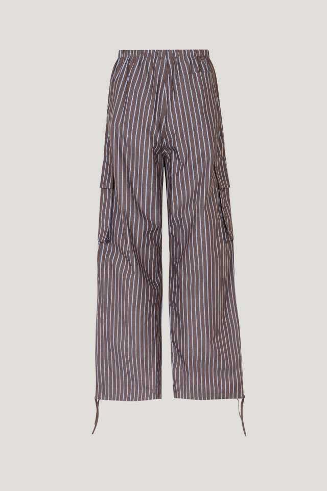 Nasreen Trousers Brown Margot Stripe These low-rise trousers feature wide legs, an elasticated waistband with a drawstring tie, and drawstring ties at the ankles - back image