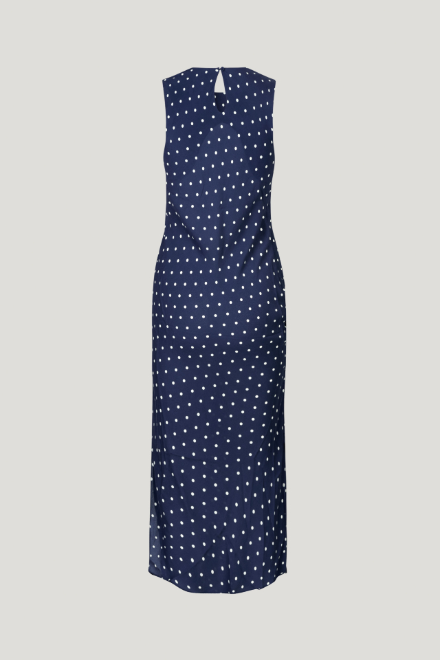 Allanna Dress Blue Margot Dot This midi-length, sleeveless dress features a button closure with keyhole opening in the back and ruching with an asymmetrical drawstring across the front - back image