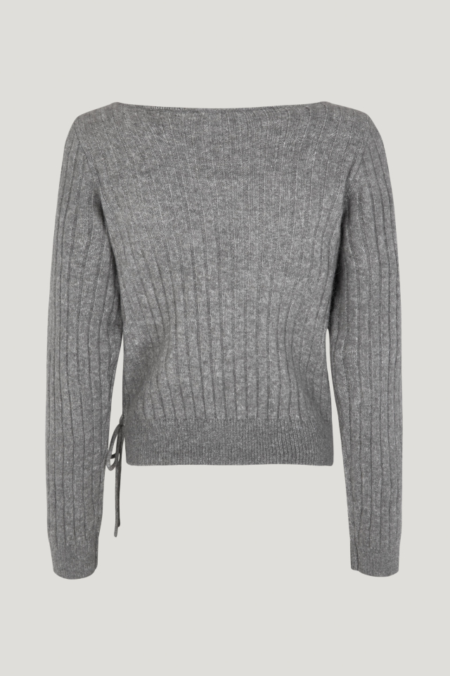 Chelsie Sweater Margot Grey This soft knit jumepr features a deep V-neck, ribbed pattern, and an asymmetrical lace-up tie in the front - back image
