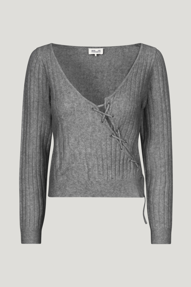Chelsie Sweater Margot Grey This soft knit jumepr features a deep V-neck, ribbed pattern, and an asymmetrical lace-up tie in the front - front image