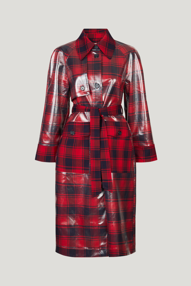 Dorothy Coat Red Margot Check This classic trench coat features a tie belt at the waist, patch pockets at the front, and button closures - front image