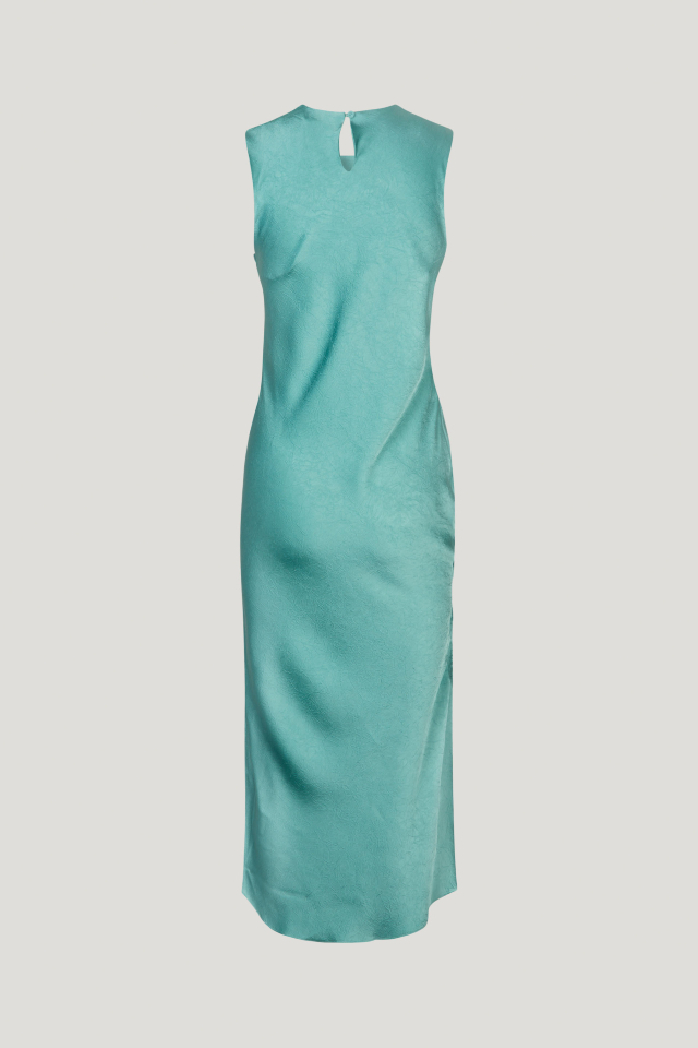 Allanna Dress Trellis This midi-length, sleeveless dress features a button closure with keyhole opening in the back and ruching with an asymmetrical drawstring across the front - back image