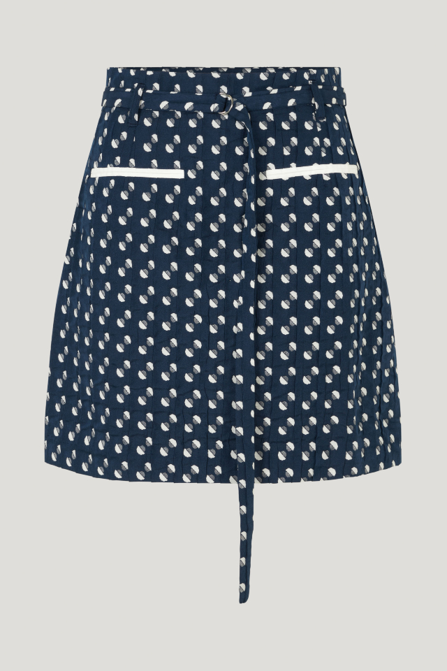 Socorra Skirt Blue Jacquard Dot This high-rise jacquard miniskirt features a zip closure at the side, thin D-ring belt at the waist, and front pockets - front image