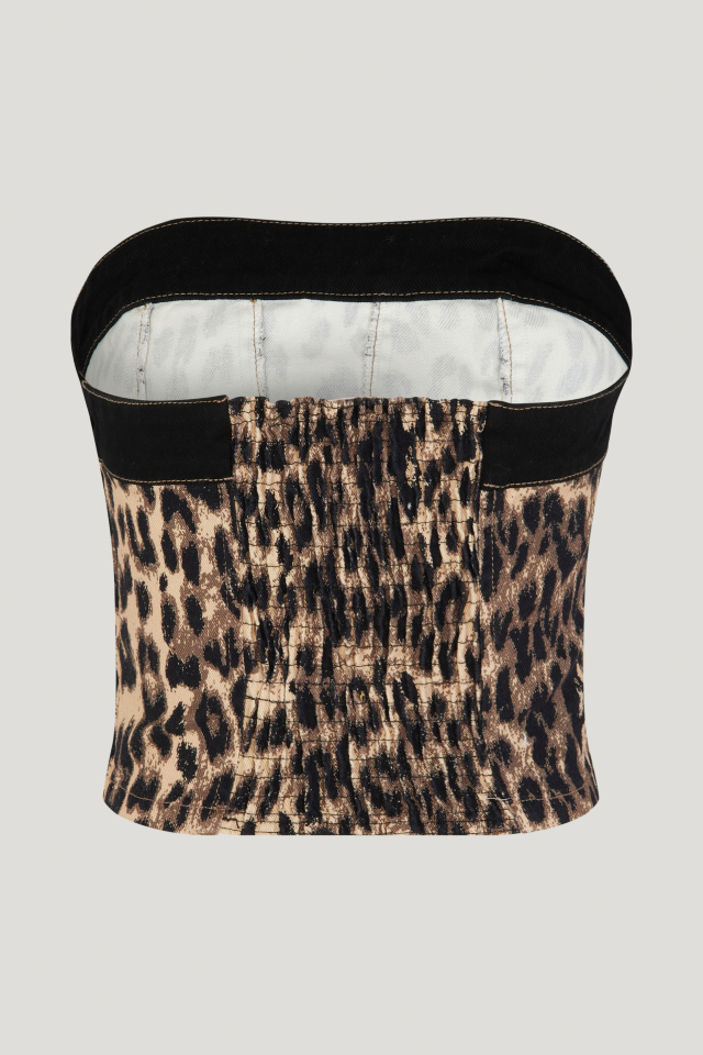 Linisha Top Brown Baum Leopard This cropped, sleevless bustier-style top features a high rounded neckline and elasticated panel at the back - back image