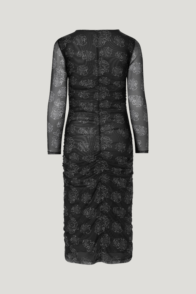 Jezelle Dress Black Embroidery Flower This stretchy, midi-length dress features ruching in the front, back, and sides - back image