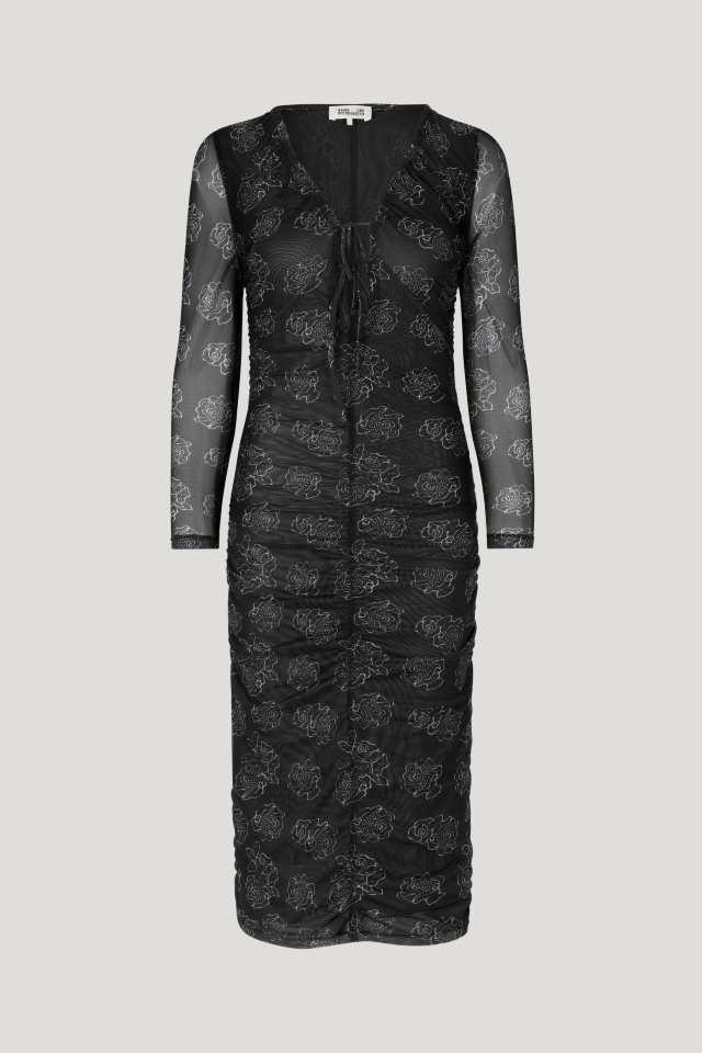 Jezelle Dress Black Embroidery Flower This stretchy, midi-length dress features ruching in the front, back, and sides - front image