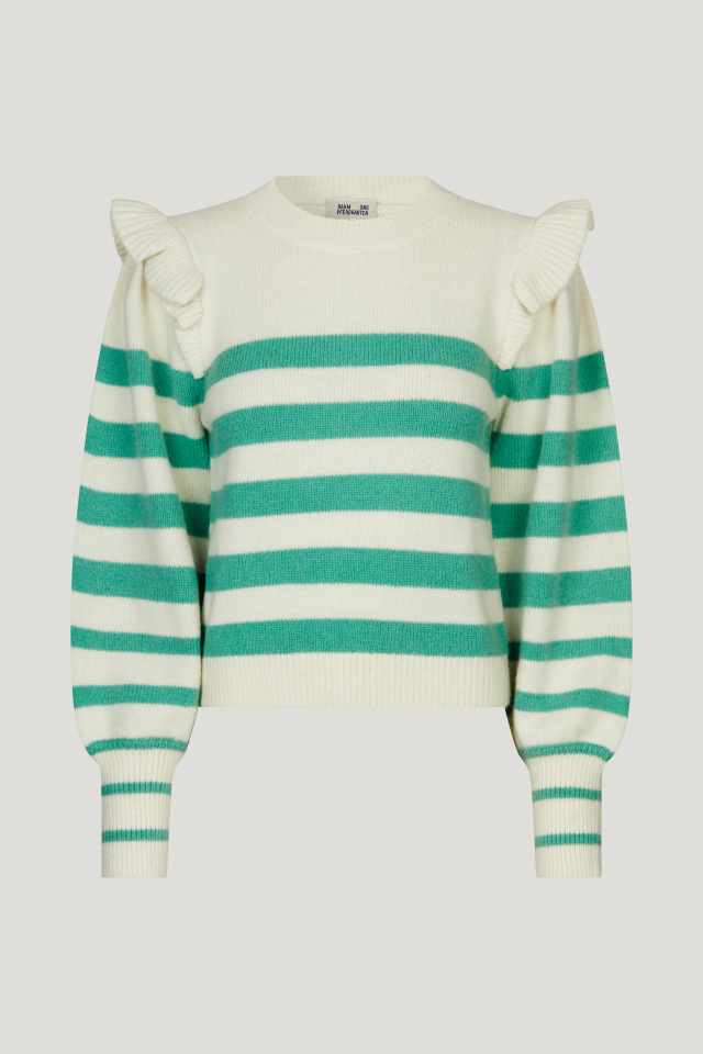 Camryn Sweater Creme Green Breton This soft, knit jumper features slight gathering at the wrists and ruffles across the shoulders - front image