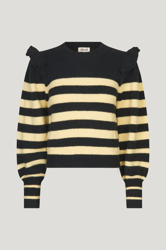 Camryn Sweater Black Yellow Breton This soft, knit jumper features slight gathering at the wrists and ruffles across the shoulders - front image