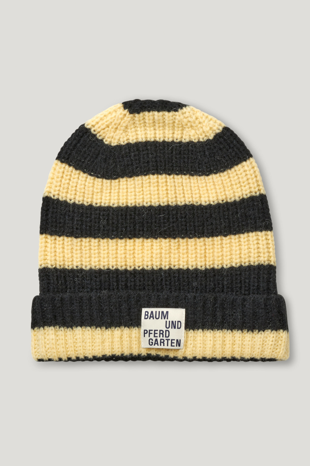 Lenora Hat Black Yellow Breton This thick, ribbed knit beanie features a logo tag at the front - front image