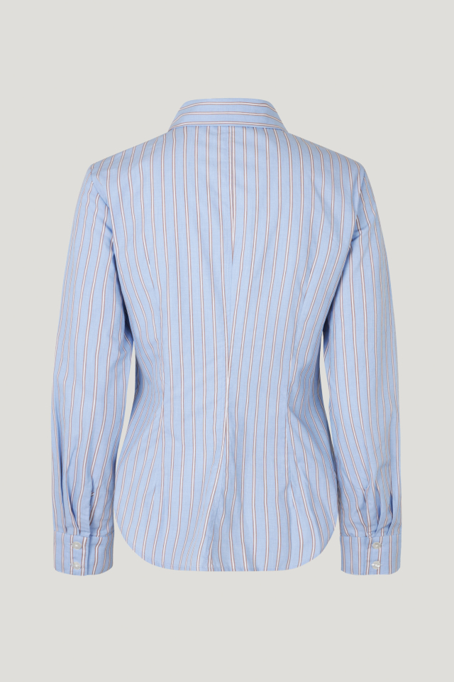 Maria Shirt Blue Margot Stripe This button up shirt feautres a curved hem and gatherings at the sides for a flattering drape - back image