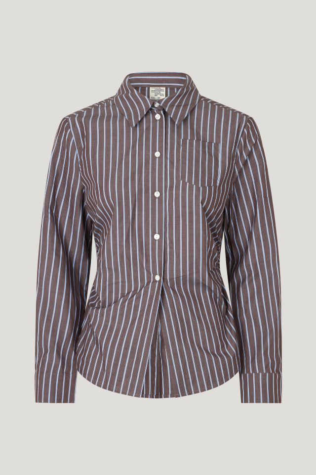Maria Shirt Brown Margot Stripe This button up shirt feautres a curved hem and gatherings at the sides for a flattering drape - front image