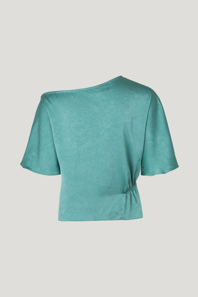 Margeaux Blouse Trellis This fluid top features an asymmetrical neckline, flutter sleeves, and ruching to one side for a flattering drape - back image
