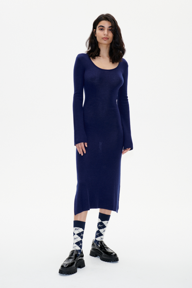 Cecily Dress Ocean Cavern This soft, stretchy sweater dress features a scoop neck and slits at the sides - model image