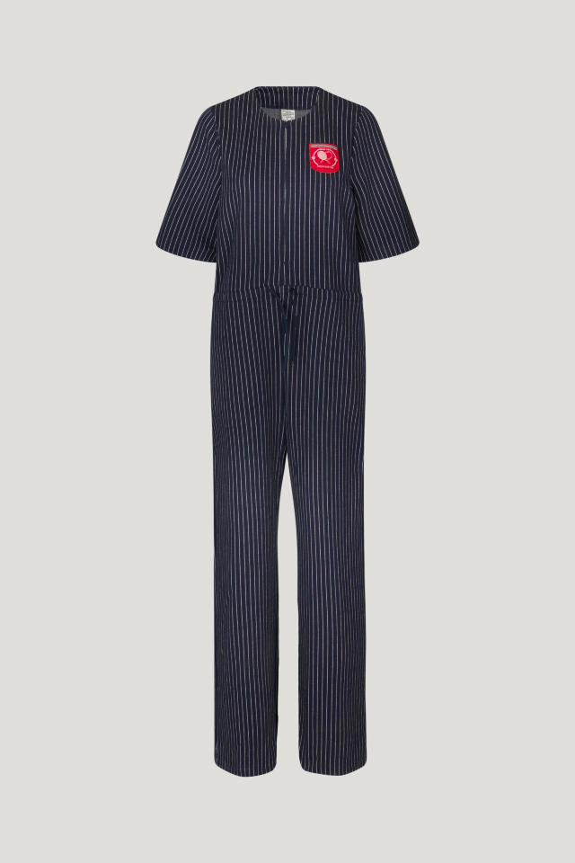 Jordyn Jumpsuit Tracksuit Pinstripe This stretchy jumpsuit features a zipped placket in the front, a drawstring at the waist, and pockets at the sides and back - front image