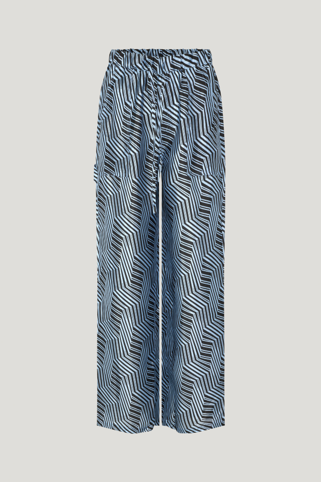 Neddie Trousers Blue Zebra These soft, high-rise trousers feature an elasticated waistband, drawstring tie at the waist, side pockets, and back pockets - front image