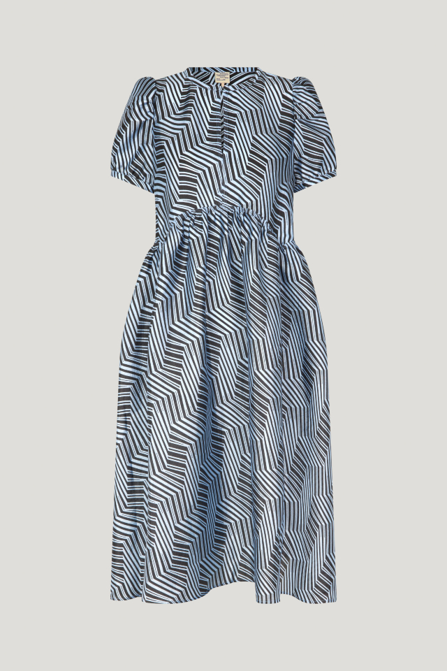 Artemis Dress Blue Zebra This midi-length dress features a button closure with keyhole opening at the front, pockets at the sides, slight puffing at the skirt, and a dipped waistline - front image